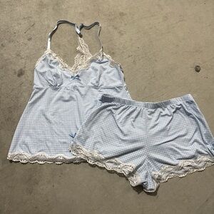 Laura Ashley Light Blue Gingham Lace Pajama Set